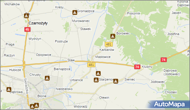 mapa Masłowice gmina Wieluń, Masłowice gmina Wieluń na mapie Targeo