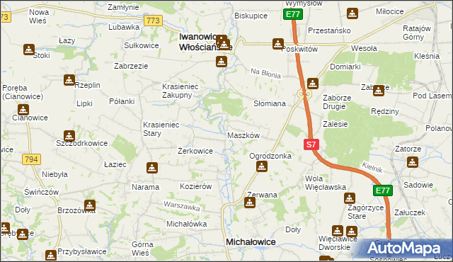 mapa Maszków gmina Iwanowice, Maszków gmina Iwanowice na mapie Targeo