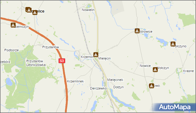 mapa Mielęcin gmina Pyrzyce, Mielęcin gmina Pyrzyce na mapie Targeo