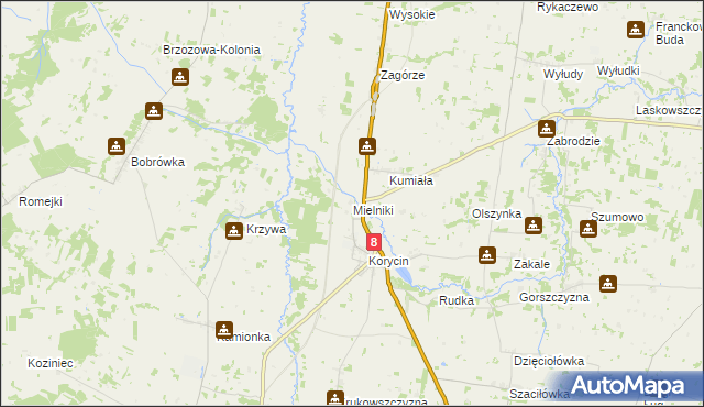 mapa Mielniki gmina Korycin, Mielniki gmina Korycin na mapie Targeo