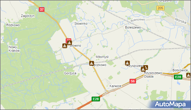 mapa Miłomyśl, Miłomyśl na mapie Targeo