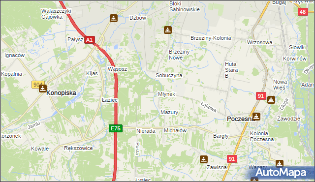mapa Młynek gmina Poczesna, Młynek gmina Poczesna na mapie Targeo