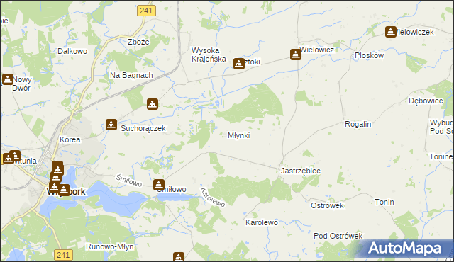 mapa Młynki gmina Więcbork, Młynki gmina Więcbork na mapie Targeo