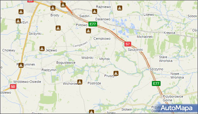mapa Młyńsk gmina Płońsk, Młyńsk gmina Płońsk na mapie Targeo