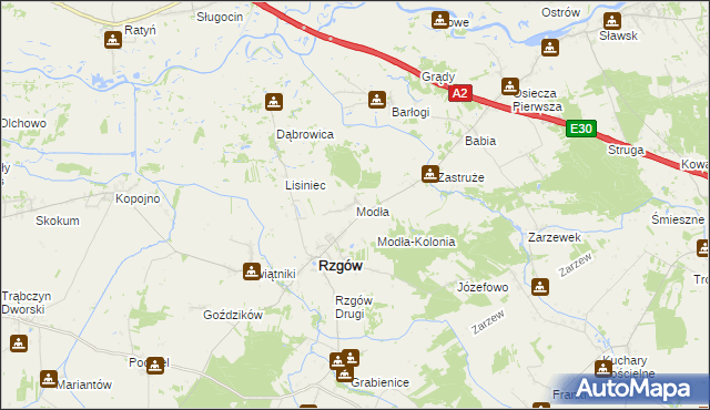 mapa Modła gmina Rzgów, Modła gmina Rzgów na mapie Targeo