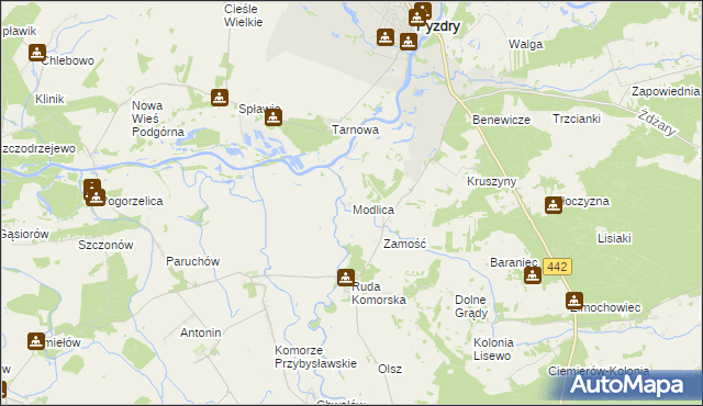 mapa Modlica gmina Pyzdry, Modlica gmina Pyzdry na mapie Targeo