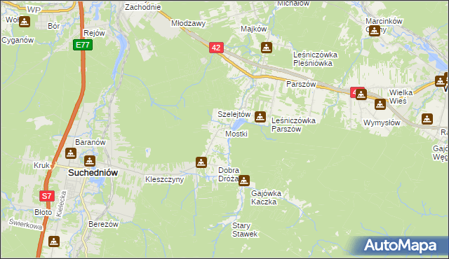 mapa Mostki gmina Suchedniów, Mostki gmina Suchedniów na mapie Targeo