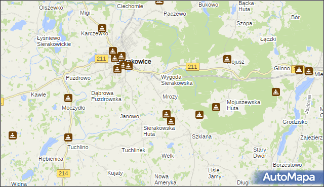 mapa Mrozy gmina Sierakowice, Mrozy gmina Sierakowice na mapie Targeo