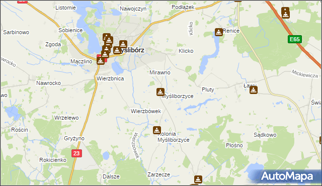 mapa Myśliborzyce gmina Myślibórz, Myśliborzyce gmina Myślibórz na mapie Targeo