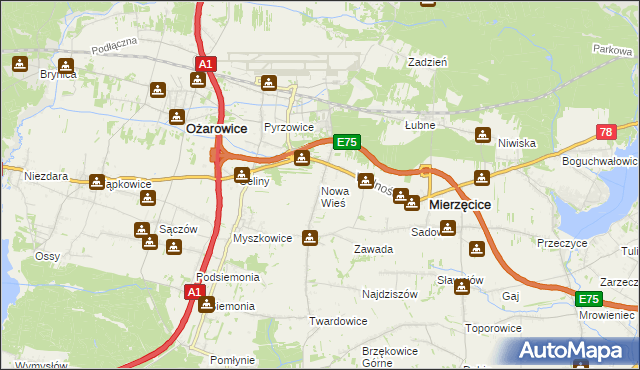 mapa Nowa Wieś gmina Mierzęcice, Nowa Wieś gmina Mierzęcice na mapie Targeo