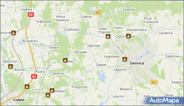mapa Nowe Zalesie gmina Siennica, Nowe Zalesie gmina Siennica na mapie Targeo