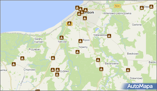 mapa Nowiny gmina Frombork, Nowiny gmina Frombork na mapie Targeo