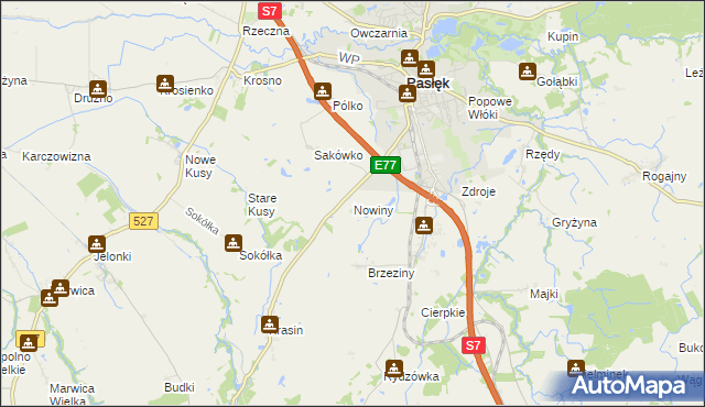 mapa Nowiny gmina Pasłęk, Nowiny gmina Pasłęk na mapie Targeo