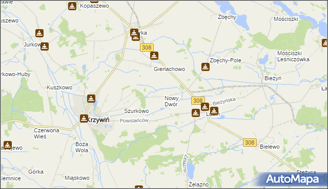 mapa Nowy Dwór gmina Krzywiń, Nowy Dwór gmina Krzywiń na mapie Targeo