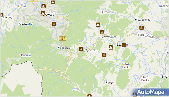 mapa Ogorzelec gmina Kamienna Góra, Ogorzelec gmina Kamienna Góra na mapie Targeo