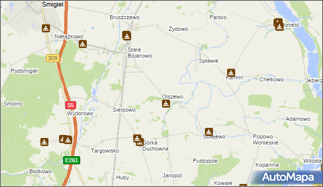 mapa Olszewo gmina Śmigiel, Olszewo gmina Śmigiel na mapie Targeo