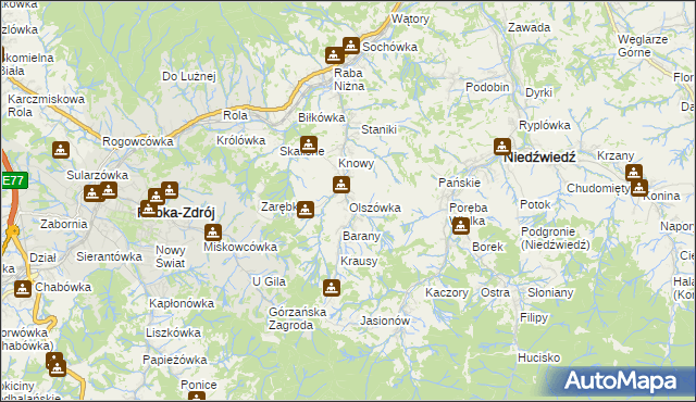 mapa Olszówka gmina Mszana Dolna, Olszówka gmina Mszana Dolna na mapie Targeo