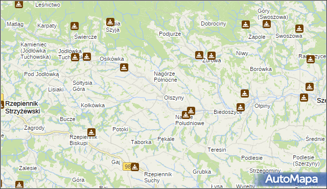 mapa Olszyny gmina Rzepiennik Strzyżewski, Olszyny gmina Rzepiennik Strzyżewski na mapie Targeo