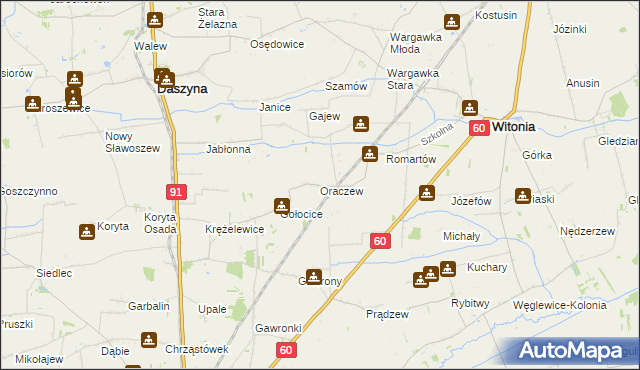 mapa Oraczew gmina Witonia, Oraczew gmina Witonia na mapie Targeo