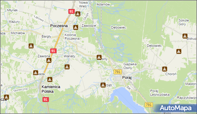mapa Osiny gmina Kamienica Polska, Osiny gmina Kamienica Polska na mapie Targeo
