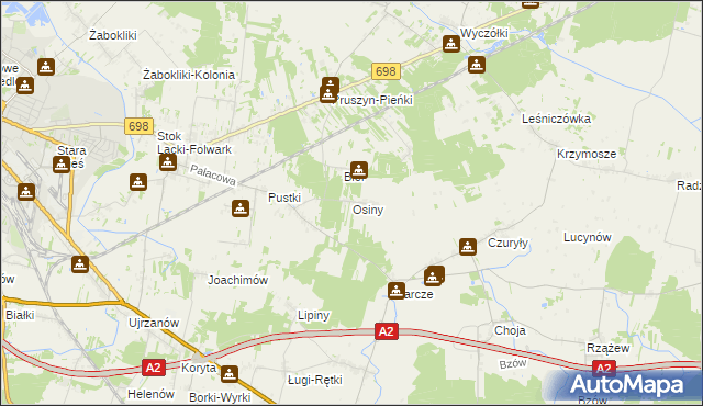 mapa Osiny gmina Siedlce, Osiny gmina Siedlce na mapie Targeo
