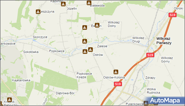 mapa Ostrów gmina Wilkołaz, Ostrów gmina Wilkołaz na mapie Targeo