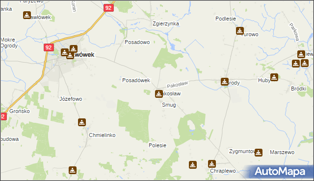 mapa Pakosław gmina Lwówek, Pakosław gmina Lwówek na mapie Targeo