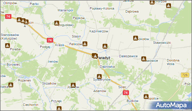 mapa Paradyż powiat opoczyński, Paradyż powiat opoczyński na mapie Targeo