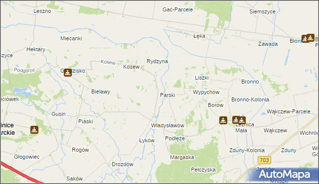 mapa Parski gmina Świnice Warckie, Parski gmina Świnice Warckie na mapie Targeo