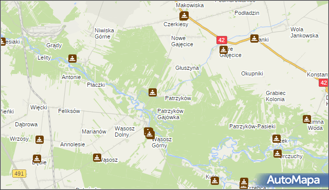 mapa Patrzyków gmina Pajęczno, Patrzyków gmina Pajęczno na mapie Targeo