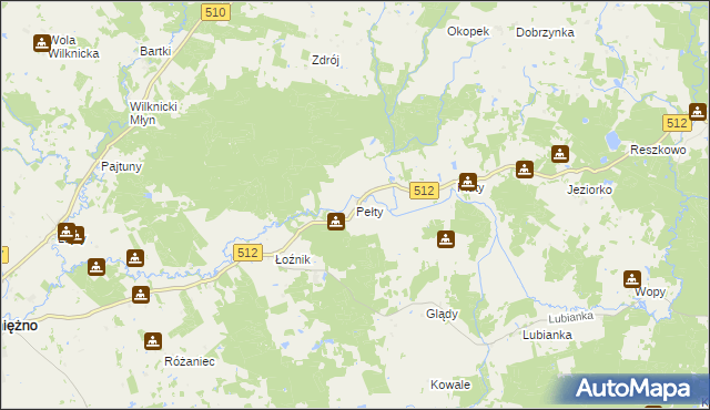 mapa Pełty gmina Pieniężno, Pełty gmina Pieniężno na mapie Targeo