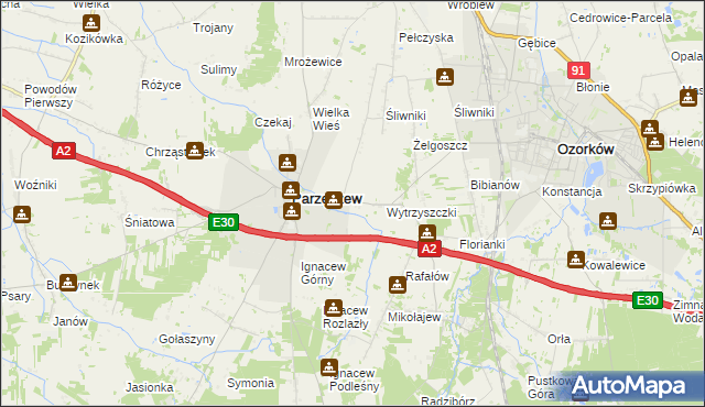 mapa Piaskowice gmina Parzęczew, Piaskowice gmina Parzęczew na mapie Targeo