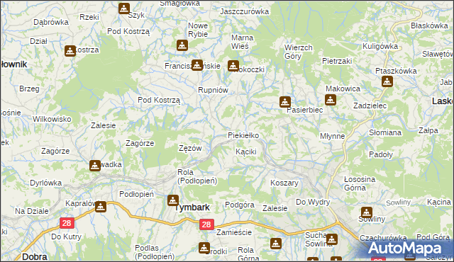 mapa Piekiełko gmina Tymbark, Piekiełko gmina Tymbark na mapie Targeo