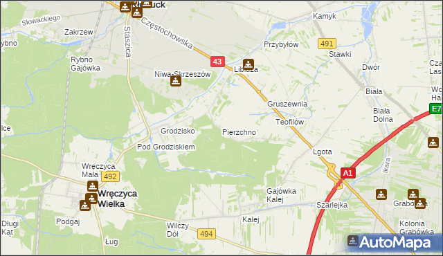 mapa Pierzchno gmina Wręczyca Wielka, Pierzchno gmina Wręczyca Wielka na mapie Targeo