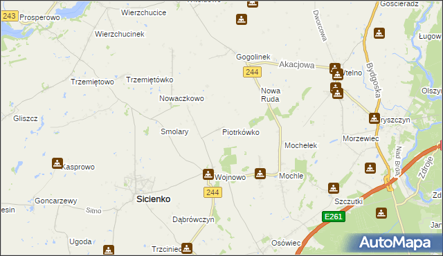 mapa Piotrkówko gmina Sicienko, Piotrkówko gmina Sicienko na mapie Targeo