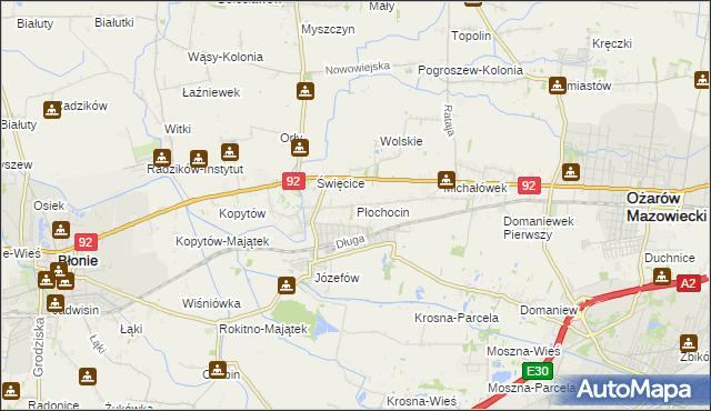 mapa Płochocin gmina Ożarów Mazowiecki, Płochocin gmina Ożarów Mazowiecki na mapie Targeo