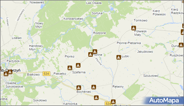 mapa Płonne gmina Radomin, Płonne gmina Radomin na mapie Targeo