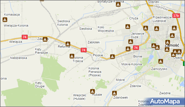 mapa Płoskie gmina Zamość, Płoskie gmina Zamość na mapie Targeo