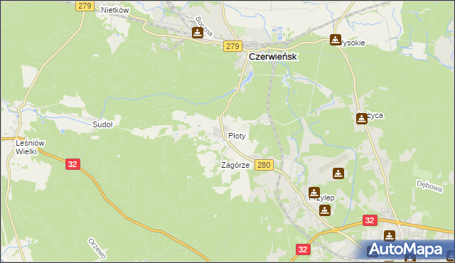 mapa Płoty gmina Czerwieńsk, Płoty gmina Czerwieńsk na mapie Targeo