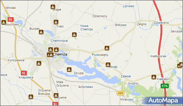 mapa Pluskowęsy gmina Chełmża, Pluskowęsy gmina Chełmża na mapie Targeo