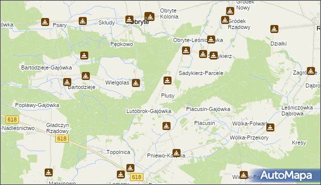 mapa Płusy gmina Obryte, Płusy gmina Obryte na mapie Targeo