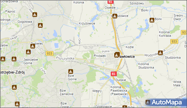 mapa Pniówek gmina Pawłowice, Pniówek gmina Pawłowice na mapie Targeo