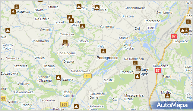 mapa Podegrodzie powiat nowosądecki, Podegrodzie powiat nowosądecki na mapie Targeo