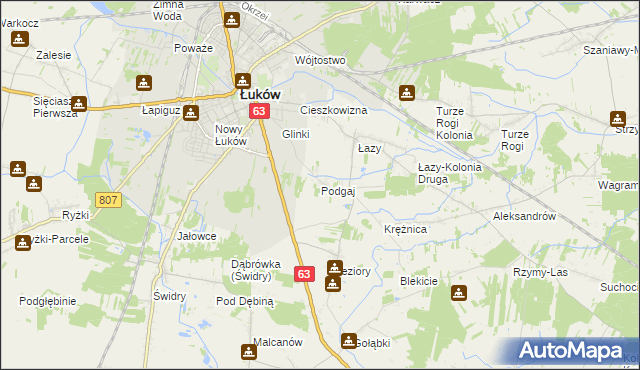 mapa Podgaj gmina Łuków, Podgaj gmina Łuków na mapie Targeo