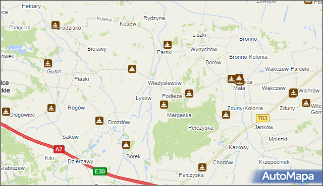 mapa Podłęże gmina Świnice Warckie, Podłęże gmina Świnice Warckie na mapie Targeo