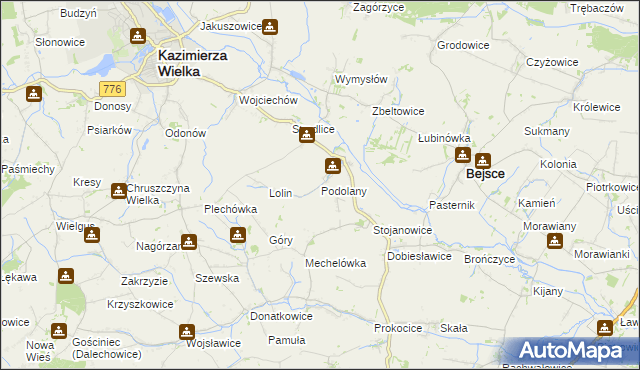 mapa Podolany gmina Kazimierza Wielka, Podolany gmina Kazimierza Wielka na mapie Targeo