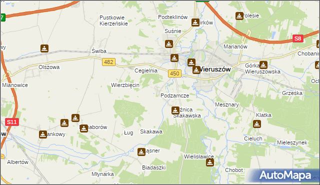 mapa Podzamcze gmina Wieruszów, Podzamcze gmina Wieruszów na mapie Targeo