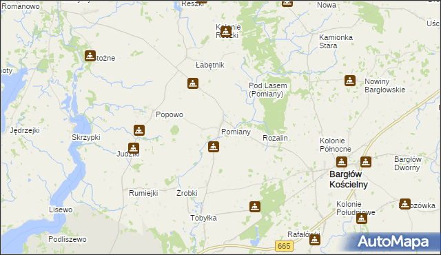 mapa Pomiany gmina Bargłów Kościelny, Pomiany gmina Bargłów Kościelny na mapie Targeo
