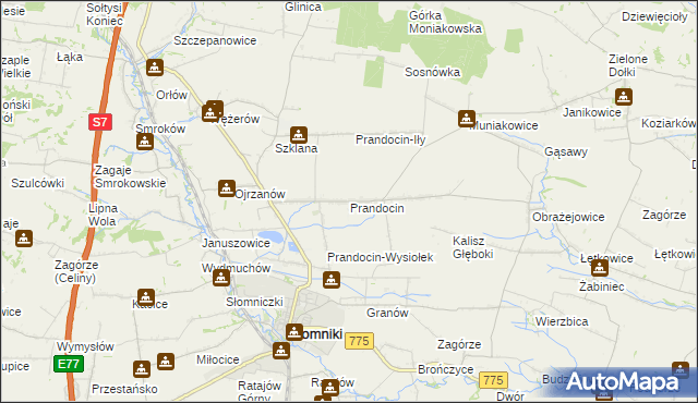mapa Prandocin gmina Słomniki, Prandocin gmina Słomniki na mapie Targeo