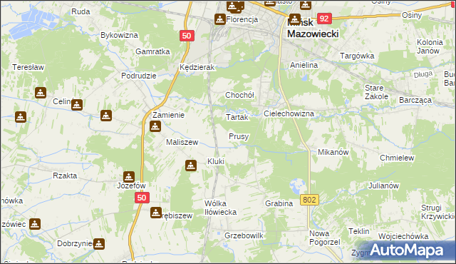 mapa Prusy gmina Mińsk Mazowiecki, Prusy gmina Mińsk Mazowiecki na mapie Targeo